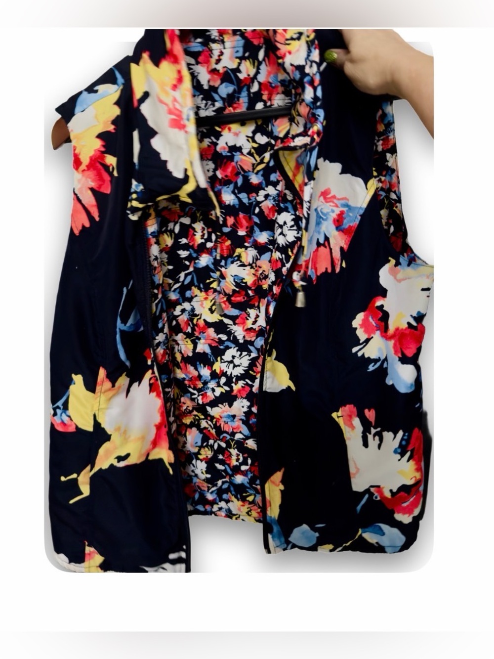 Navy Floral Zip Vest with Bright Multi-Color Print by CJ Banks. Waterproof